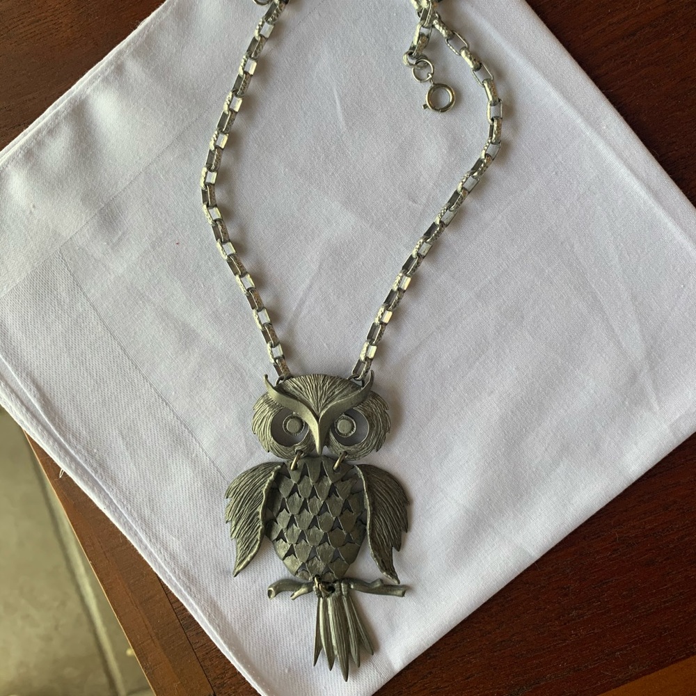 Large Silver Owl Pendant Necklace